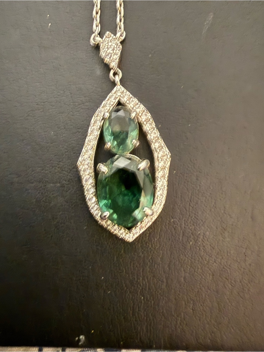 Green Crystal Teardrop Pendant Necklace with Silver Accents